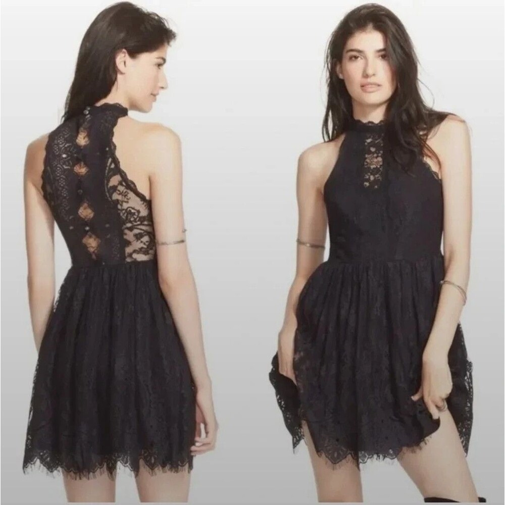 Free People Sz 4 Verushka High Neck Exposed Back Lace Mini Dress Black Cocktail